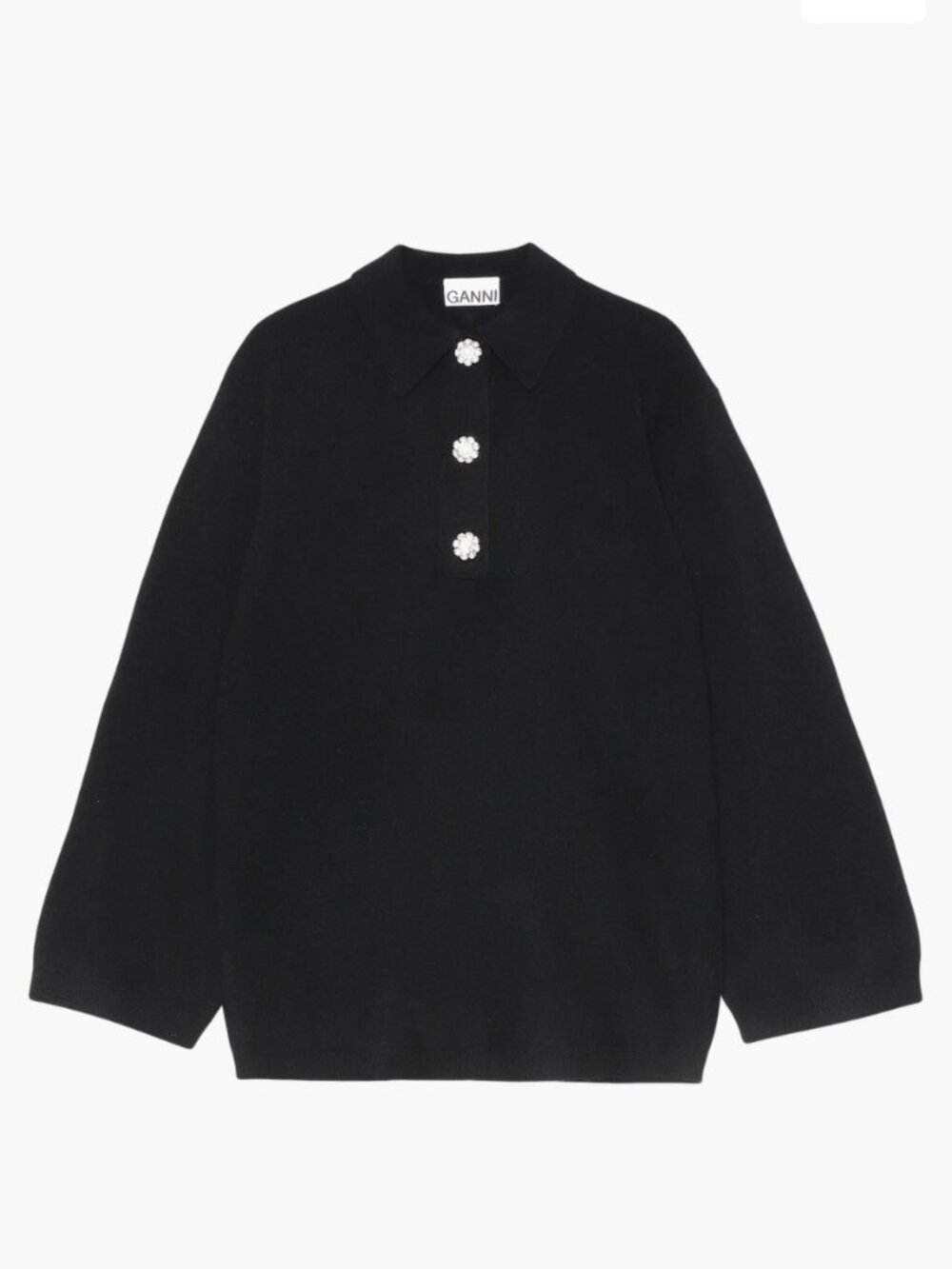 GANNI 100% CASHMERE BLACK CASHMERE JEWEL BUTTON POLO SWEATER S/M